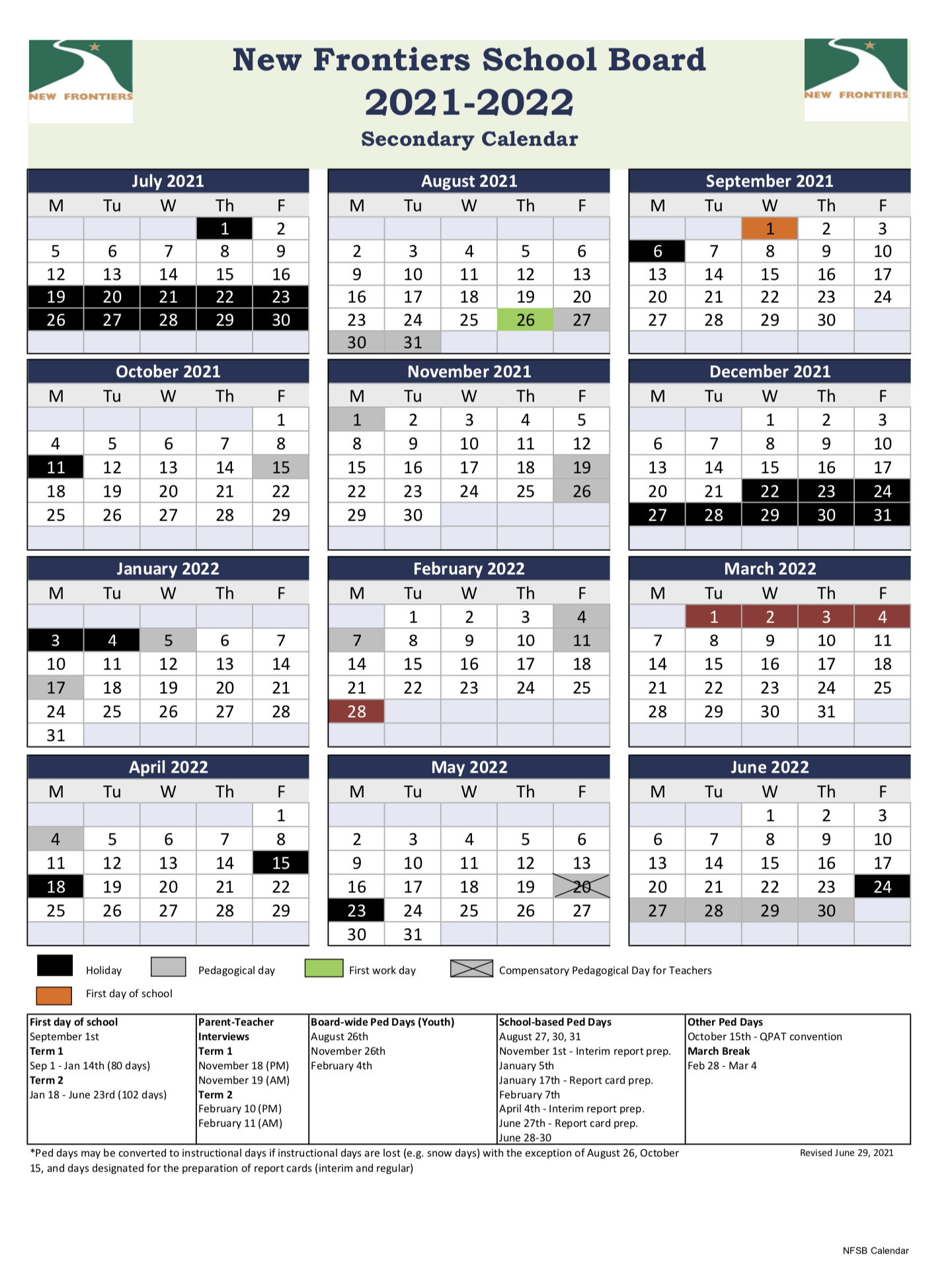 Calendars New Frontiers School Board